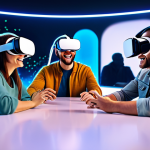 A diverse group of adults, fully clothed in modern casual attire, wearing sleek VR headsets, interacting within a vibrant, futuristic virtual cafe. Their highly expressive, professionally designed avatars are gesturing, laughing, and engaging in animated conversation around a glowing central table. The background features blurred, ethereal digital architecture and subtle glowing particles, suggesting a deep, immersive environment. The scene emphasizes shared experience, empathy, and seamless digital interaction. Perfect anatomy, correct proportions, natural pose, well-formed hands, proper finger count, natural body proportions. High-quality professional photography, detailed, realistic, vibrant colors, soft lighting. safe for work, appropriate content, fully clothed, professional, family-friendly.