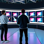 A diverse group of individuals, fully clothed in modern and modest virtual attire, collaboratively engaged in a vibrant digital art studio within the metaverse. They are interacting with holographic displays, creating virtual sculptures and digital paintings with well-formed hands. The studio is brightly lit, futuristic, and filled with innovative design elements. The atmosphere is professional and collaborative, showcasing perfect anatomy, correct proportions, and natural poses. safe for work, appropriate content, fully clothed, professional, high quality, detailed, realistic rendering.
