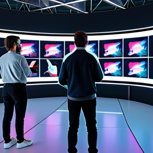 A diverse group of individuals, fully clothed in modern and modest virtual attire, collaboratively engaged in a vibrant digital art studio within the metaverse. They are interacting with holographic displays, creating virtual sculptures and digital paintings with well-formed hands. The studio is brightly lit, futuristic, and filled with innovative design elements. The atmosphere is professional and collaborative, showcasing perfect anatomy, correct proportions, and natural poses. safe for work, appropriate content, fully clothed, professional, high quality, detailed, realistic rendering.