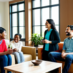 A diverse group of adults of various ethnicities, fully clothed in modest, professional casual attire, gathered in a modern, brightly lit community center lounge. They are engaged in lively, friendly conversation, some are smiling and gesturing naturally. The atmosphere is warm, inviting, and collaborative, with comfortable seating and natural light streaming through large windows. Bookshelves and potted plants are subtly visible in the background, enhancing the cozy feel. safe for work, appropriate content, fully clothed, professional, family-friendly, perfect anatomy, correct proportions, natural pose, well-formed hands, proper finger count, natural body proportions, professional photography, high quality.
