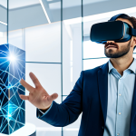 A professional male, fully clothed in modern business casual attire, wearing an advanced VR headset. He is standing in a clean, brightly lit virtual simulation environment, interacting with a complex, translucent 3D holographic model of an architectural structure, gesturing precisely with his well-formed hands. The setting emphasizes an immersive learning experience with glowing digital interfaces in the background. Appropriate content, safe for work, perfect anatomy, correct proportions, natural pose, proper finger count, natural body proportions, professional photography, high quality, ultra-realistic.