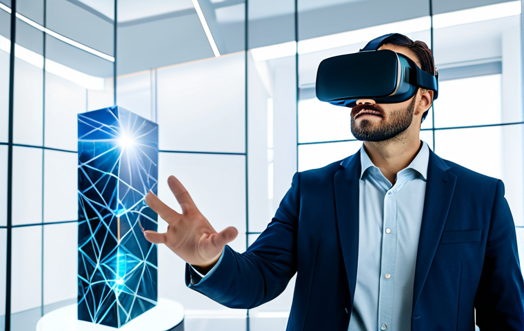 A professional male, fully clothed in modern business casual attire, wearing an advanced VR headset. He is standing in a clean, brightly lit virtual simulation environment, interacting with a complex, translucent 3D holographic model of an architectural structure, gesturing precisely with his well-formed hands. The setting emphasizes an immersive learning experience with glowing digital interfaces in the background. Appropriate content, safe for work, perfect anatomy, correct proportions, natural pose, proper finger count, natural body proportions, professional photography, high quality, ultra-realistic.