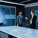 A diverse group of professional colleagues, fully clothed in modest business attire, are engaged in a collaborative session within a sleek, modern metaverse virtual meeting room. They are standing around a holographic table displaying interactive project data, with some individuals gesturing towards the projections. A subtle, luminous AI assistant interface is visible nearby, facilitating automated workflows. The environment is bright and futuristic, with clean lines and soft ambient lighting. safe for work, appropriate content, professional, perfect anatomy, correct proportions, natural pose, well-formed hands, proper finger count, natural body proportions, high-quality digital illustration, professional photography style.