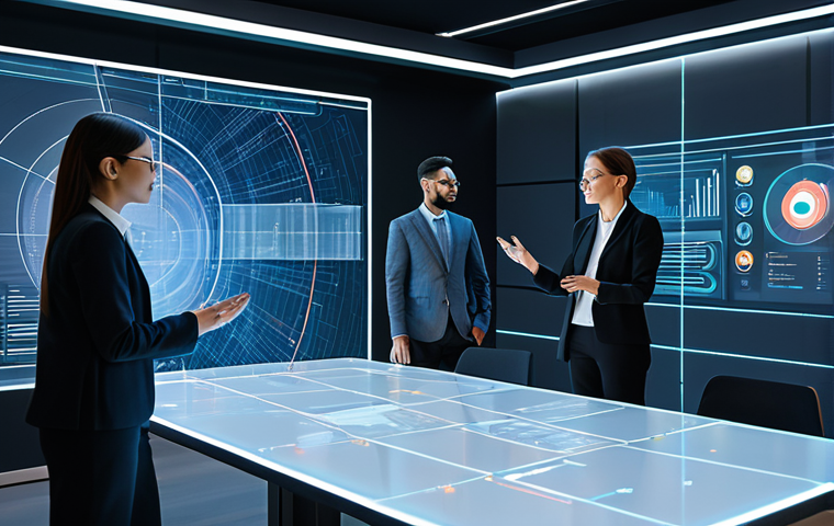 A diverse group of professional colleagues, fully clothed in modest business attire, are engaged in a collaborative session within a sleek, modern metaverse virtual meeting room. They are standing around a holographic table displaying interactive project data, with some individuals gesturing towards the projections. A subtle, luminous AI assistant interface is visible nearby, facilitating automated workflows. The environment is bright and futuristic, with clean lines and soft ambient lighting. safe for work, appropriate content, professional, perfect anatomy, correct proportions, natural pose, well-formed hands, proper finger count, natural body proportions, high-quality digital illustration, professional photography style.