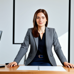 **

A professional businesswoman in a modest business suit, sitting at a desk in a modern office, fully clothed, appropriate attire, safe for work, perfect anatomy, natural proportions, professional photography, high quality.

**