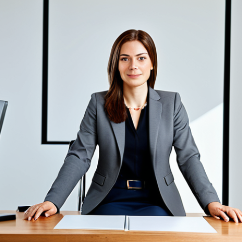 **

A professional businesswoman in a modest business suit, sitting at a desk in a modern office, fully clothed, appropriate attire, safe for work, perfect anatomy, natural proportions, professional photography, high quality.

**