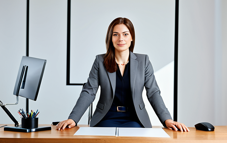 **

A professional businesswoman in a modest business suit, sitting at a desk in a modern office, fully clothed, appropriate attire, safe for work, perfect anatomy, natural proportions, professional photography, high quality.

**